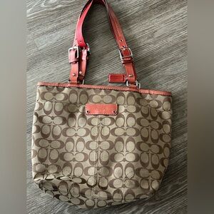 Coach Tan and Red Hampton Signature Tote Red Handles